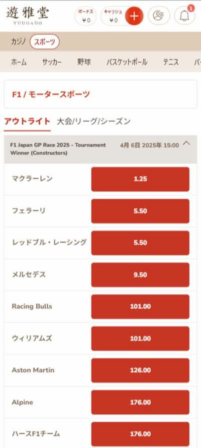 遊雅堂_ブックメーカー_F1_スクリーンショット